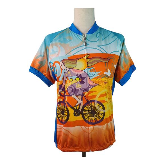 83 Sportswear Orange Blue Girl On Bike Cycling Jersey Top Shirt Full Zip XL - Picture 2 of 5